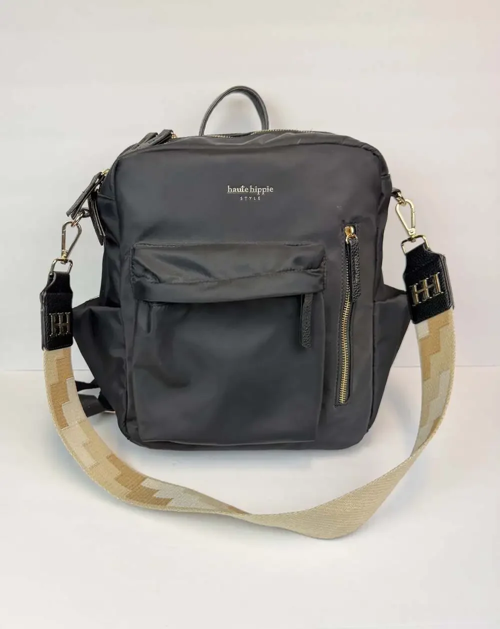 Haute Hippie Black Nylon Convertible Backpack Crossbody Bag Decorative Strap